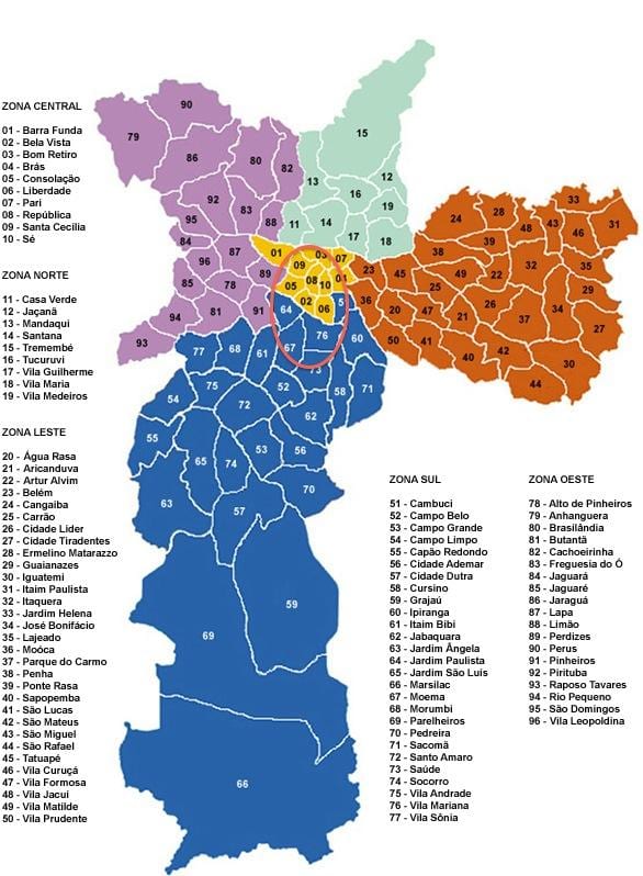 Sao Paulo mapu štvrtí